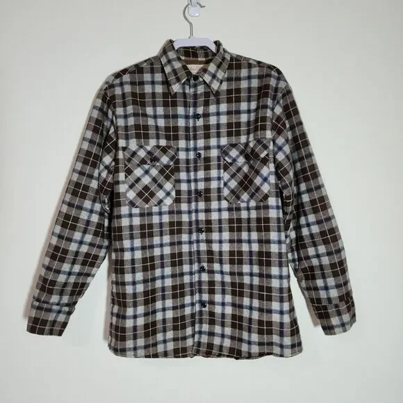 Vtg Perma-Prest Mens Store Plaid Button-Up Shirt Jacket Shacket Brown USA Tall L - Picture 1 of 6